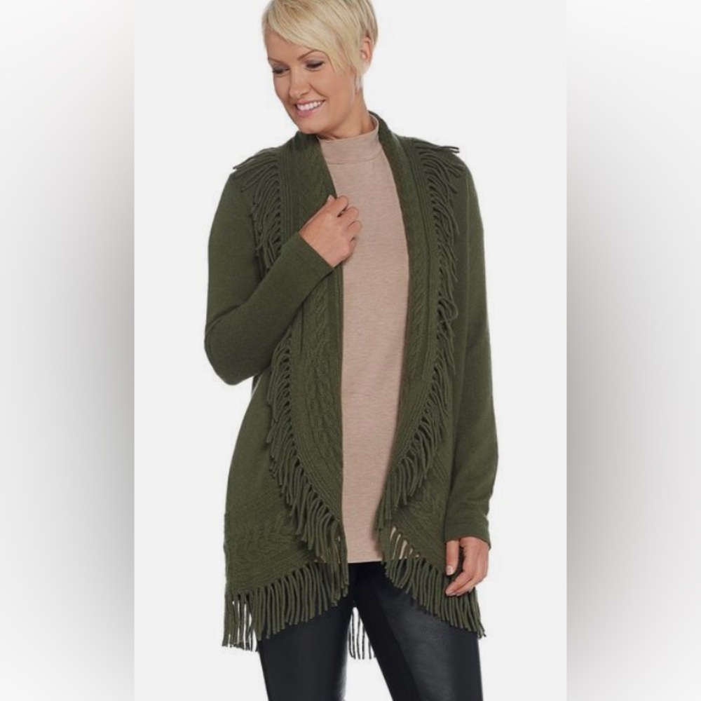 2X (fits 3X) 100% Cashmere olive green Mizrahi live fringe cardigan sweater